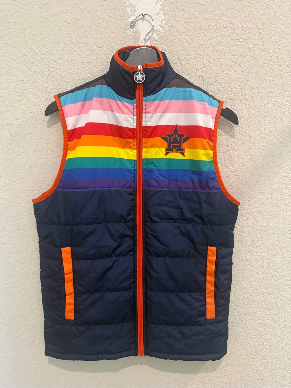 Houston Astros Rainbow Stripe Puffer Vest - Navy & Rainbow size Small